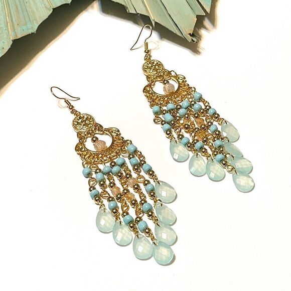 Blue Crystal drop earrings in gold #510 - Picture 6 of 7